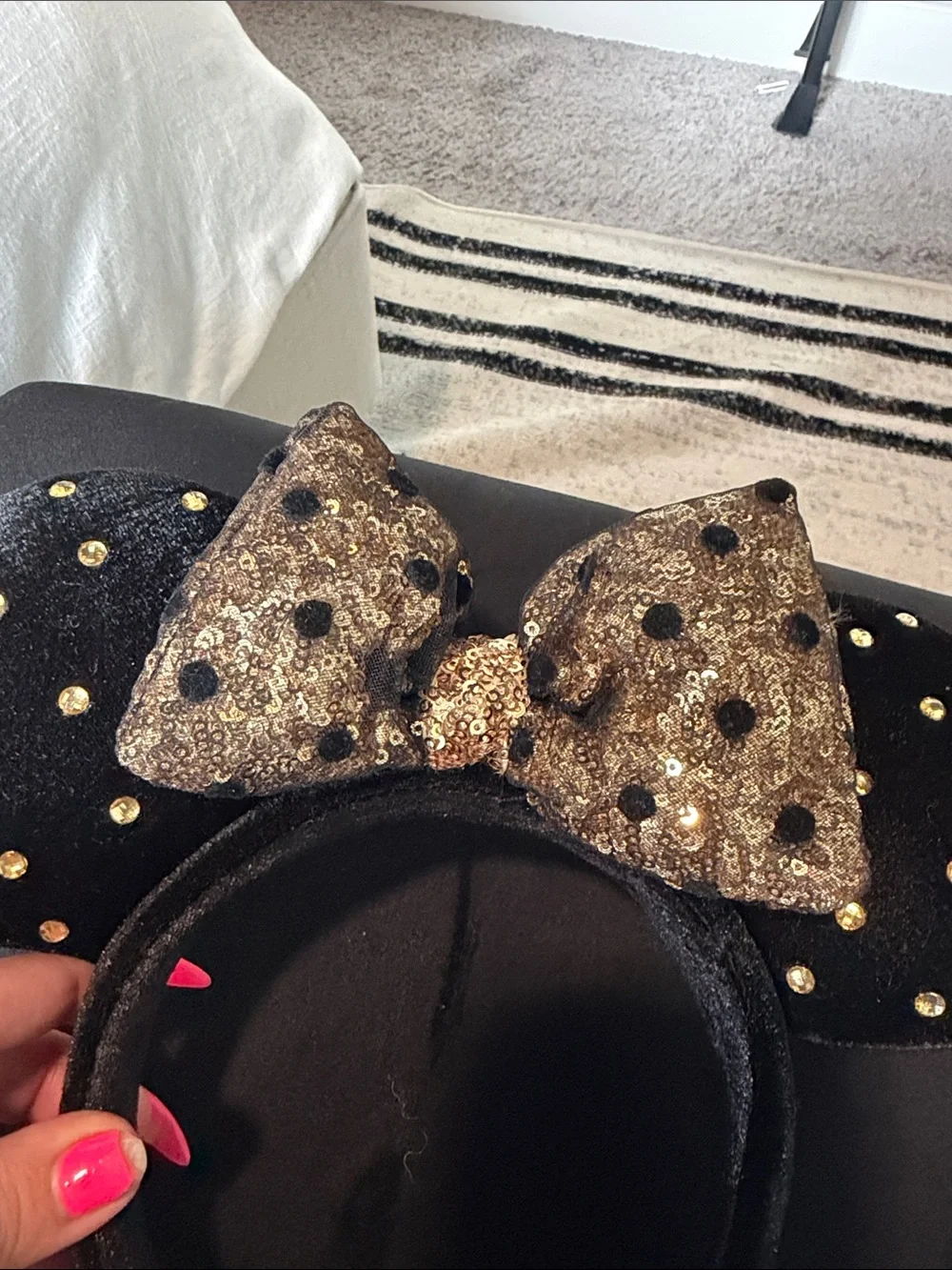 Disney Black Velvet Minnie Ears Headband with Gold Sequin Bow